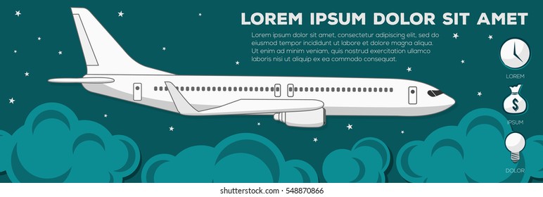 Flying airplane. Colorful vector flat banner. Quality design illustration, elements and concept.