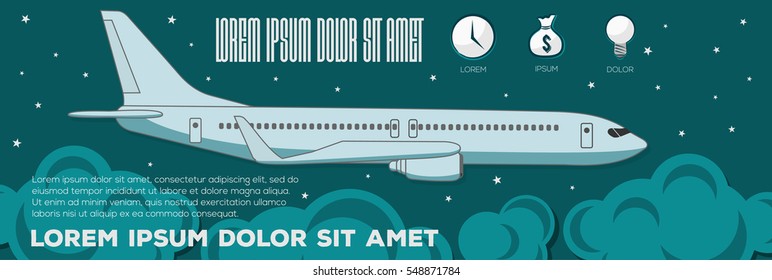 Flying airplane. Colorful vector flat banner. Quality design illustration, elements and concept.