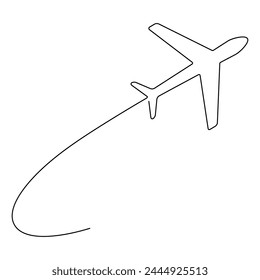 Plano de línea continua de avión volador. Símbolo de concepto de viaje. Ilustración vectorial aislada en blanco.