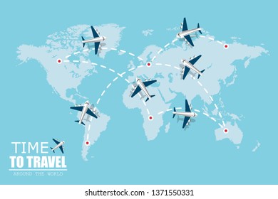 Flying airplane with dash path line. Travel Concept. Vector illustration in flat design.