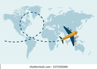 Flying airplane with dash path line. Travel Concept. Vector illustration in flat design.