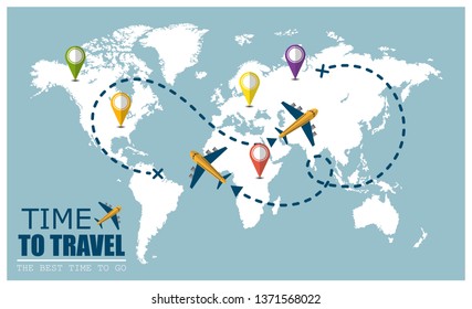 Flying airplane with dash path line. Time to travel Concept. Destination pins. Vector illustration in flat design.