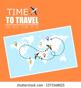 Flying airplane with dash path line. Time to travel Concept. Destination pins. Vector illustration in flat design.
