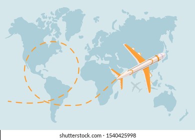 Flying airplane with dash path line. Time to travel Concept. Destination pins.