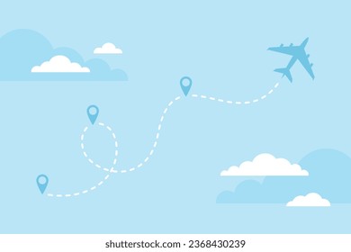 Avión volador y ruta de vuelo de línea discontinua con iconos de alfiler en un fondo turbio azul. Ilustración vectorial plana