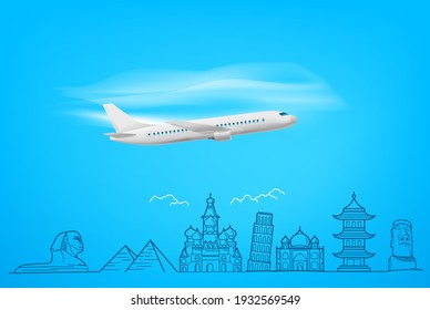 Flying airplane with doodling style famous sights. Vacation concept