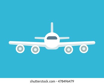 Flying airplane front view icon. Simple flat cartoon style vector illustration.
