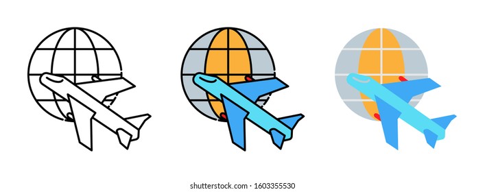 Flying airplane and globe icon set isolated on white background for web design ,travel concept