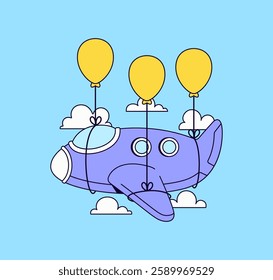 flying airplane holding by balloons with cloud background in cartoon illustration perfect for branding in travel and adventure themes 