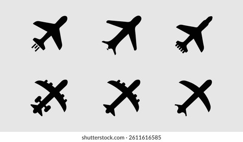 Flying airplane icon in different style vector illustration. two colored and black flying airplane vector icons designed in filled, outline, 
line and stroke style can be used for web, mobile, ui