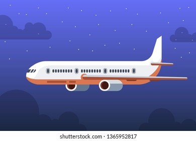 Flying airplane. International transportation concept. Night sky, stars and clouds on the background. Vector illustration.