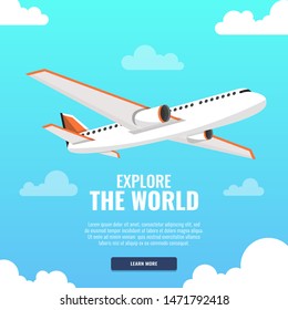 Flying airplane. International transportation concept. Daytime sky and clouds on the background. Vector illustration.