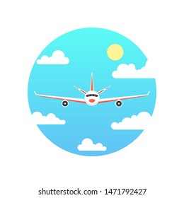Flying airplane. International transportation concept. Daytime sky and clouds on the background. Vector illustration.