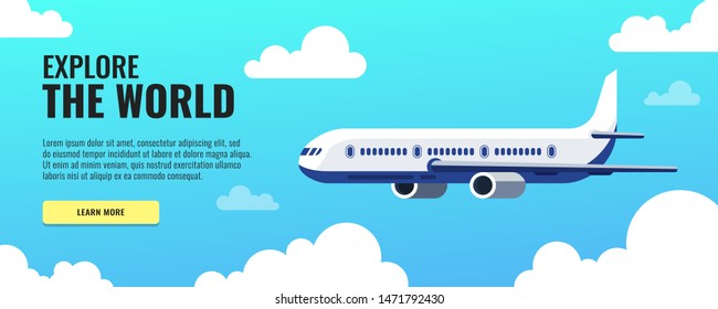 Flying airplane. International transportation concept. Daytime sky and clouds on the background. Vector illustration.