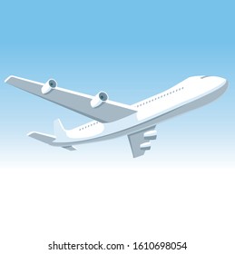 Flying airplane isolated on blue-white gradation vector illustration