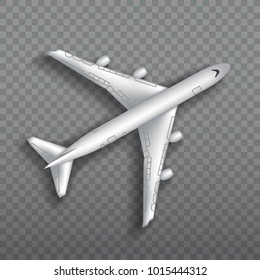 Flying airplane, jet aircraft, airliner. Top view of detailed realistic passenger air plane isolated on transparent background.