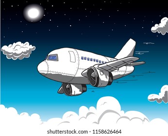 Flying airplane, jet aircraft, airliner. Side view of detailed passenger air plane isolated  background. Vector illustration.cartoon