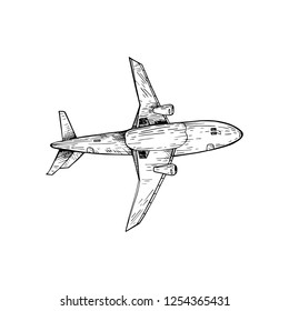Flying airplane, jet aircraft, airliner.  View of detailed passenger air plane isolated on white background. Vector illustration. Design for print, tattoo.