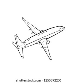 Flying airplane, jet aircraft, airliner.  View of detailed passenger air plane isolated on white background. Vector illustration. Design for print, tattoo.
