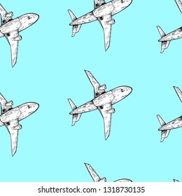Flying airplane, jet aircraft, airliner.  View passenger airplane. Pattern for the interior.  Wallpaper or wrapping paper. Printing on textile fabric, cover. Seamless vector ornament.