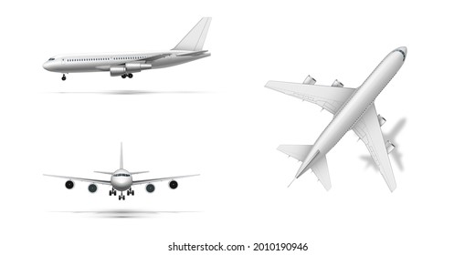 Flying airplane, jet aircraft or airliner. Detailed passenger air plane on white background.