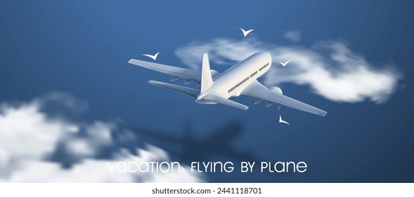 Flying airplane, jet aircraft, airliner. Side view of detailed passenger air plane isolated on white background. Vector illustration