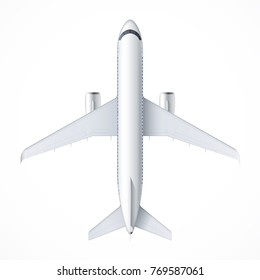 Flying airplane, jet aircraft, airliner. Top view of detailed passenger air plane isolated on white background. Vector illustration