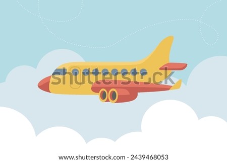Flying airplane, jet aircraft, airliner. Side view of  passenger air plane flying in the sky. Simple flat Vector illustration