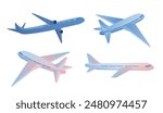Flying airplane, jet aircraft, side and 3d view of detailed passenger airplane isolated on white background. Red and blue colors, flat style. Aircraft vector illustration.