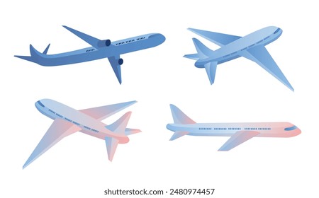 Flying airplane, jet aircraft, side and 3d view of detailed passenger airplane isolated on white background. Red and blue colors, flat style. Aircraft vector illustration.