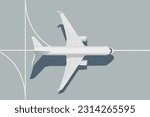 Flying Airplane, Jet Aircraft. Top View. Airplane in runway, airline jet with engines, civil aviation. Plane or airplane, aircraft or passenger airplane, vector. 