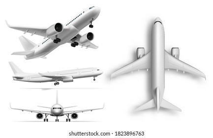 Flying Airplane, Jet Aircraft. Top, Front, Side And 3D Perspective View. EPS10 Vector