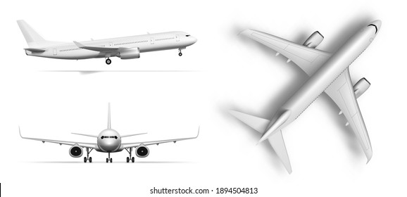 Flying Airplane, Jet Aircraft. Top, Front, Side And 3D Perspective View. EPS10 Vector