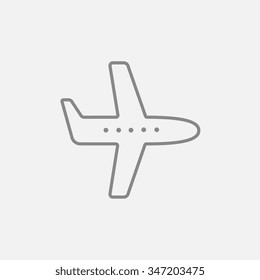 Flying airplane line icon for web, mobile and infographics. Vector dark grey icon isolated on light grey background.
