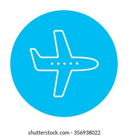 Flying airplane line icon for web, mobile and infographics. Vector white icon on the light blue circle isolated on white background.