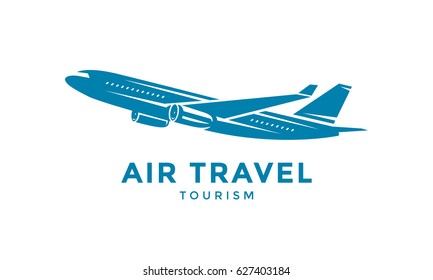 Flying airplane logo or emblem. Travel icon. Vector illustration