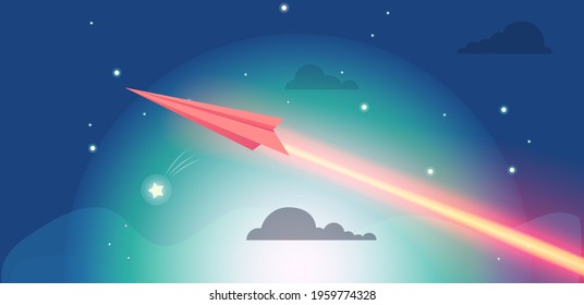 Flying airplane with luminous air route on dark background. Aircraft flies and leaves bright glowing light. Paper airplane launch to outer space with planets and comets. Vector design with aircraft