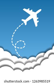Flying airplane on a background of blue sky and cut out paper clouds in origami style. Vector