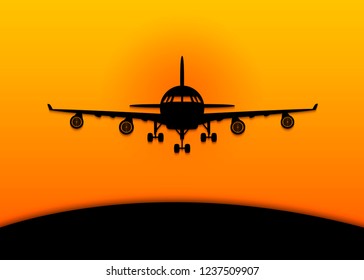 Flying airplane on orange sunset background. Paper cut out style vector illustration.