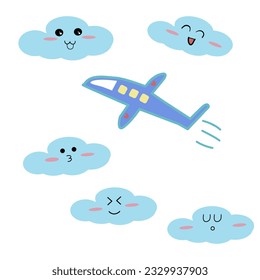 Flying airplane on the sky with clouds, Hand drawn doodle, Vector illustration