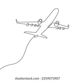 Flying Airplane One Line Drawing. Vector Plane One Line Drawing. Aircraft Lineart Continuous Line Drawing of Flying Aviation Symbol in Simple Linear Style for Minimalist Design. Not AI