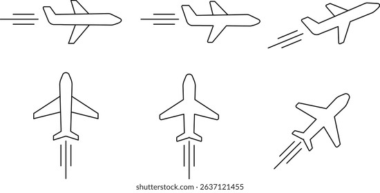 Flying airplane outline icons. Outline version of flying airplane icons with speed lines. Perfect for infographics, air travel apps, and transportation symbols. Vector EPS 10