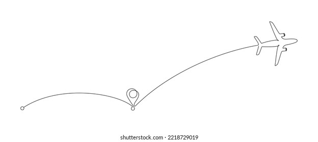 Flying Airplane and path points in One Continuous line drawing. Concept of world travel and international flight airline with road in simple linear style. Editable stroke. Doodle Vector illustration