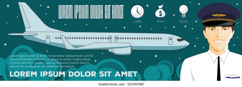 Flying airplane and Pilot. Colorful vector flat banner. Quality design illustration, elements and concept.