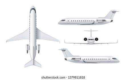 Flying airplane, regional jet aircraft, airliner. Top, front, side view of detailed passenger air plane isolated on white background. Vector illustration