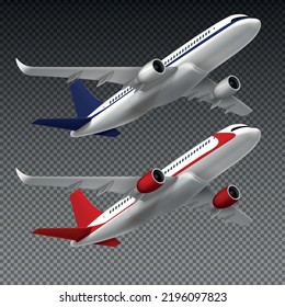 Flying airplane set of realistic images on transparent background with branded red and blue passenger jets vector illustration - Powered by Shutterstock - Get 15% off with code: PIKWIZARD15