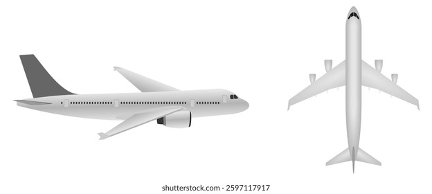 flying airplane set, top view and side view, vector illustration isolated on white background.