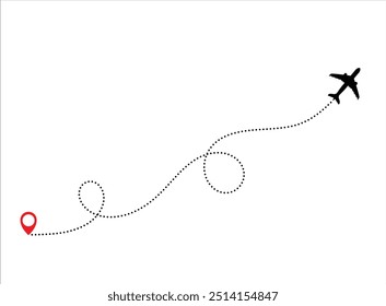 Flying Airplane Silhouette, The plane flies along a dotted route, Vector illustration