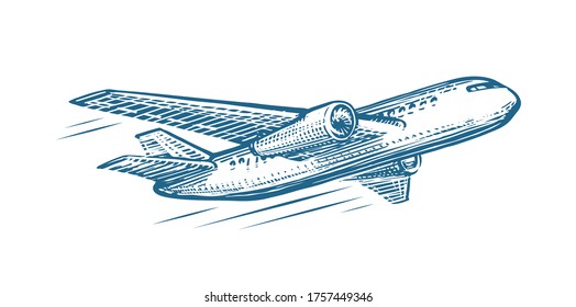 Flying Airplane Sketch. Air Transportation, Airline, Retro Plane Vector Illustration