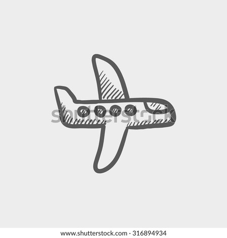 Flying airplane sketch icon for web, mobile and infographics. Hand drawn vector dark grey icon isolated on light grey background.